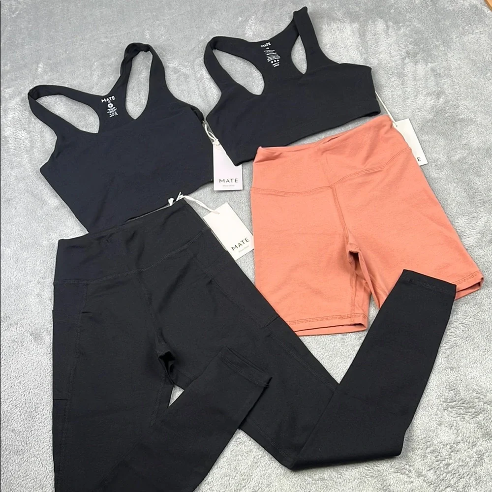NEW MATE The Label XS Black Pink 4 PC Set, Bra, Tank, Leggings, Shorts - Picture 1 of 16